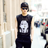 无袖T恤男士GD同款韩版夏季个性贴布条纹潮流TEE透视装DJ夜店男装