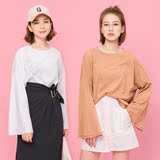 LOVEHEYNEW2016夏季新品韩国纯色喇叭袖圆领套头纯色宽松T恤女