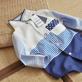 原单 儿童男童清爽海军蓝条纹拼接七分袖衬衣 110-150