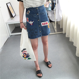 韩国正货 立体卡通贴布 高腰单排扣 针织牛仔半身裙短裙A字裙女