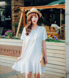 韩国东大门夏季条纹连衣裙韩版中长款一字领短袖气质鱼尾长裙女潮