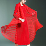 欧美高端大牌春秋女装长袖假两件三宅褶皱连衣裙修身气质红色长裙