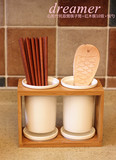 日式陶瓷竹架双筒沥水筷子筒 厨房餐具置物筷子架筷子盒