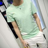夏季潮流时尚男士小清新修身韩版短袖T恤男纯棉印花绿色t桖小衫潮