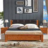 中式床全实木床真皮 简约双人床北欧床橡木床深色现代软靠皮靠1.8