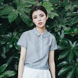午睡 2016新款韩版短款外穿小清新棉麻竖纹短袖衬衫 短袖女