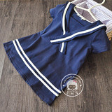 外贸童装2016夏装新款 女童海军领全棉连衣裙 儿童宝宝领结裙衫