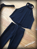 2016年夏韩版气质修身显瘦高腰休闲九分裤挂脖无袖雪纺衫两件套装