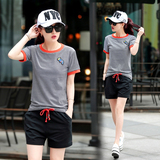 夏季韩版运动套装女 细条纹短袖T恤宽松大码短裤跑步学生两件套潮