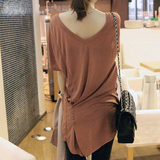 韩版夏装女装新款v领小扣休闲大码宽松打底衫显瘦中长款女式t恤衫