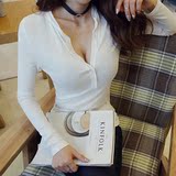 韩国代购女装正品2016春季款DABA性感大胸系扣半开领修身长袖T恤