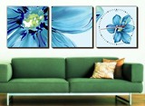 无框画挂钟 客厅卧室装饰画现代艺术画钟 静音三联 手绘花朵 蓝