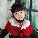 专柜正品韩版镂空蕾丝钩针毛线假领女童酒红色披肩斗篷