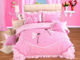 韩版公主床上用品女童四件套全纯棉绣花被套床单床裙创意粉红婚庆