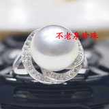 11mm超大天然珍珠戒指镶钻925纯银开活口 淡水强光无瑕白粉紫色女