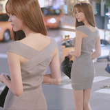 韩版针织连衣裙夏季修身包臀打底露肩一字领短裙短袖性感夜店时尚