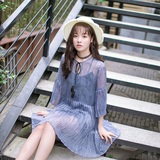 Acupstudio 夏季韩国新款甜美气质宽松显瘦百褶透视中袖连衣裙女