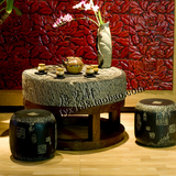 新古典中式复古茶台 仿古石头功夫茶桌石桌石凳 圆石磨茶几茶艺桌