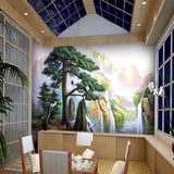 无缝大型壁画 电视卧室沙发背景墙PVC墙纸中式瀑布迎客松山水画
