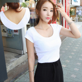 2016夏季性感韩版纯白色棉大U领修身低领女士短袖T恤露背显瘦上衣