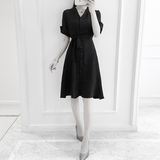赫本风小黑裙2016夏季新款女装黑色雪纺连衣裙中长款v领短袖a字裙