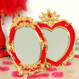 婚庆用品结婚新娘陪嫁化妆镜子红色上头镜台式双面心形折叠小镜子