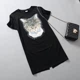 欧洲站2016春夏新款时尚个性猫头鹰短袖显瘦中长款T恤上衣女潮