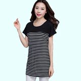 2016夏季新款韩版女装大码莫代尔短袖T恤女宽松中长款条纹上衣潮