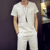 M2monline2016夏季加绒加厚短袖常规男士亚麻棉麻韩版日系宽松T恤