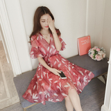 2016夏装女装新款韩版时尚V领荷叶袖羽毛印花大码修身雪纺连衣裙