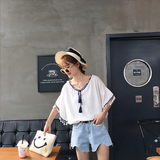 夏装韩版学院风宽松纯色棉麻荷叶袖衬衣 流苏短袖衬衫女韩范学生