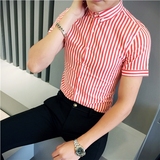 2016夏装新款韩版男士修身条纹衬衫夜店发型师时尚潮男短袖衬衣