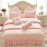 韩式高档粉色莫代尔四件套加厚全棉蕾丝花边夹棉床裙公主床上用品