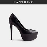 潘司诺欧美尖头高端胎牛皮防水台细跟单鞋黑色性感超高跟鞋女鞋