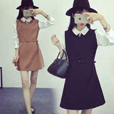 2016新款秋季女装韩版宽松a字裙黑色娃娃领假两件长袖衬衫连衣裙