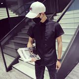 2016夏季日系复古款纯黑色短袖衬衫男士韩版修身型衬衣林弯弯寸衫