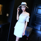 夏装新款韩版气质修身蕾丝花边短袖露肩吊带连衣裙高腰包臀裙L430