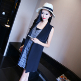 夏装新款韩版黑色翻领无袖长马甲+灰格纹印花背带裙时尚套装女T42