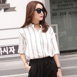 夏装新款韩版五分短袖衬衫女 黑白竖条纹衬衣中袖上衣宽松打底衫