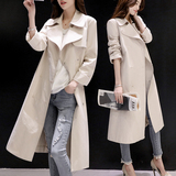 韩国东大门2016春季新款修身显瘦系带七分袖中长款翻领风衣女外套