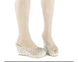 凉拖鞋 女夏2015坡跟鱼嘴凉鞋高跟防水台水钻透明水晶鞋金色大码