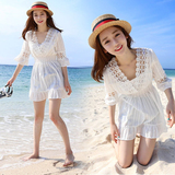 2016夏新款韩国女装v领海边度假蕾丝雪纺连衣裙收腰显瘦沙滩裙潮