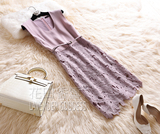 2016年女装春夏装新款 简约优雅 藕粉色系腰带无袖蕾丝连衣裙