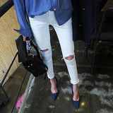 白色膝盖破洞牛仔裤女九分裤韩国高腰紧身弹力显瘦学生个性小脚裤
