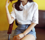 韩国代购2016新款夏季白色棉麻衬衫修身女短袖T恤大码宽松上衣女