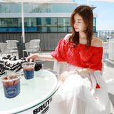 韩国代购夏季T恤女装韩版泡泡袖镂空短袖一字领蕾丝露肩上衣女潮