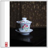 枭窑XY-CJ241C 景德镇茶具手绘粉彩盖碗  寿桃三才茶碗