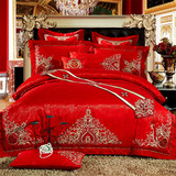 新婚结婚四件套大红色婚庆床品贡缎刺绣花纯棉床上用六八十多件套