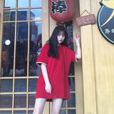 夏季女装韩版新款学院风宽松显瘦百搭酒红短袖t恤中长款连衣裙潮