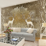 3D立体大型无缝壁画客厅沙发电视背景墙欧式浮雕梅花鹿无纺布壁纸